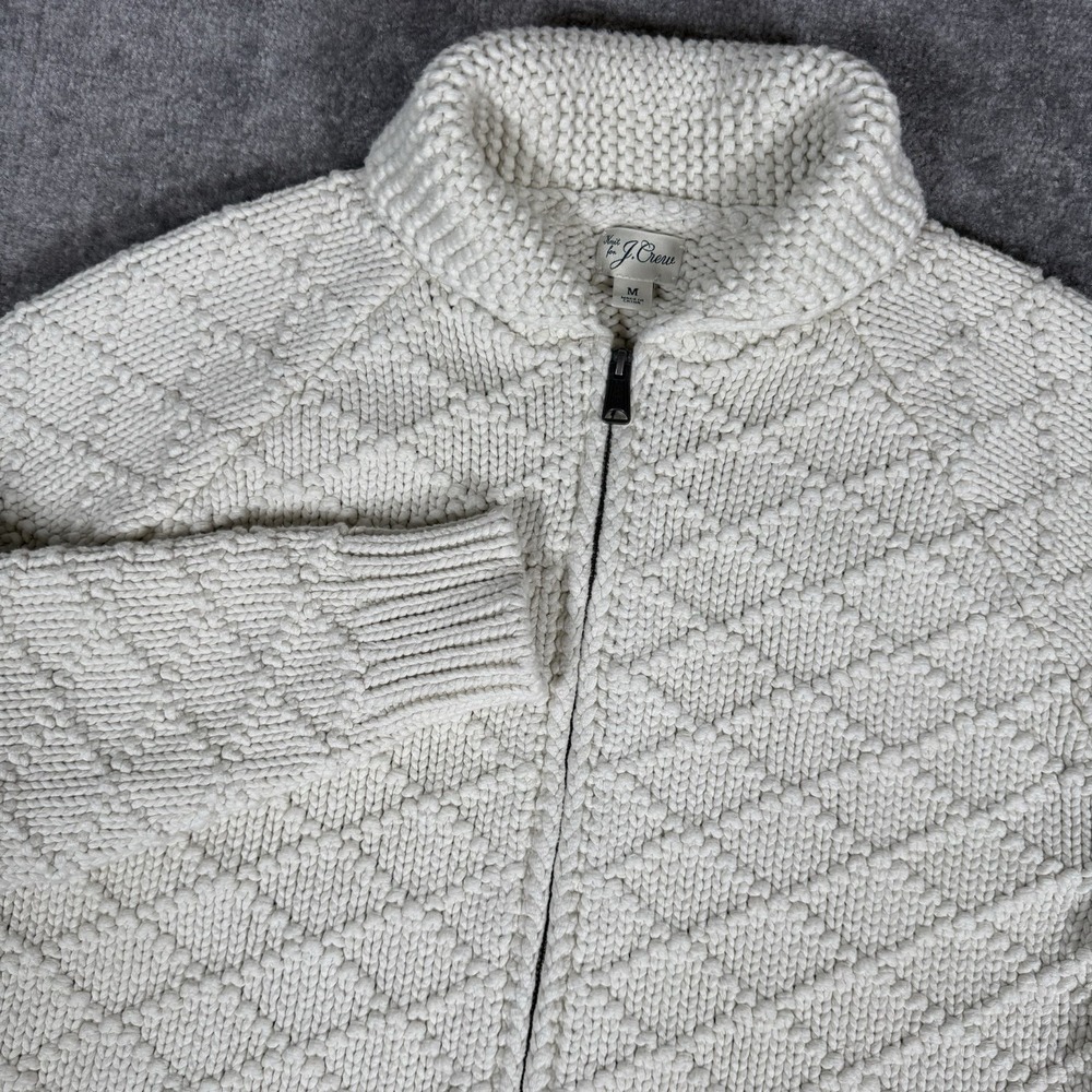 J Crew Sweater Men's Medium White Cotton Diagonal Jacquard Full Zip Shawl Collar